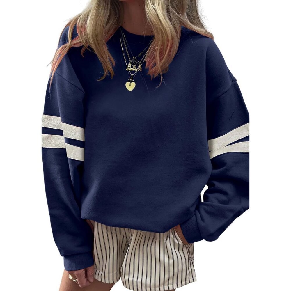 Women’s Oversized Varsity Striped Sweatshirt Casual Long Sleeve Pullover